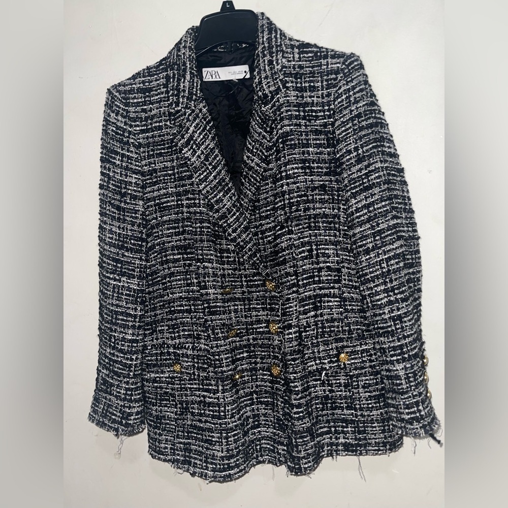 Bloggers Favorite Zara Women's DoubleBreast Tweed Textured Black & White Blazer - Picture 2 of 16